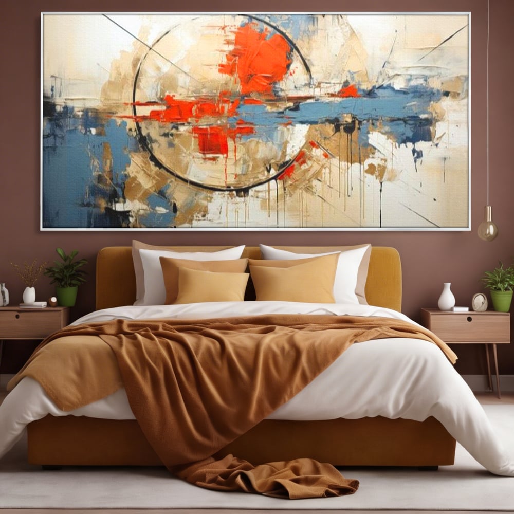 Tablou canvas cu pictura abstracta cu cerc negru si pete rosii, in rama de aluminiu argintiu, pe perete intr-un dormitor